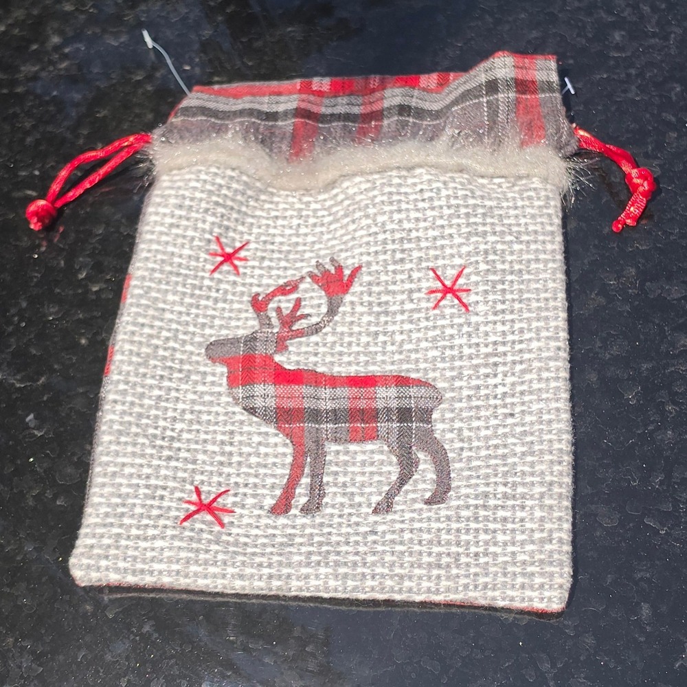 Christmas Reindeer Plaid Burlap Drawstring Gift Bag Grey Red Small Pouch